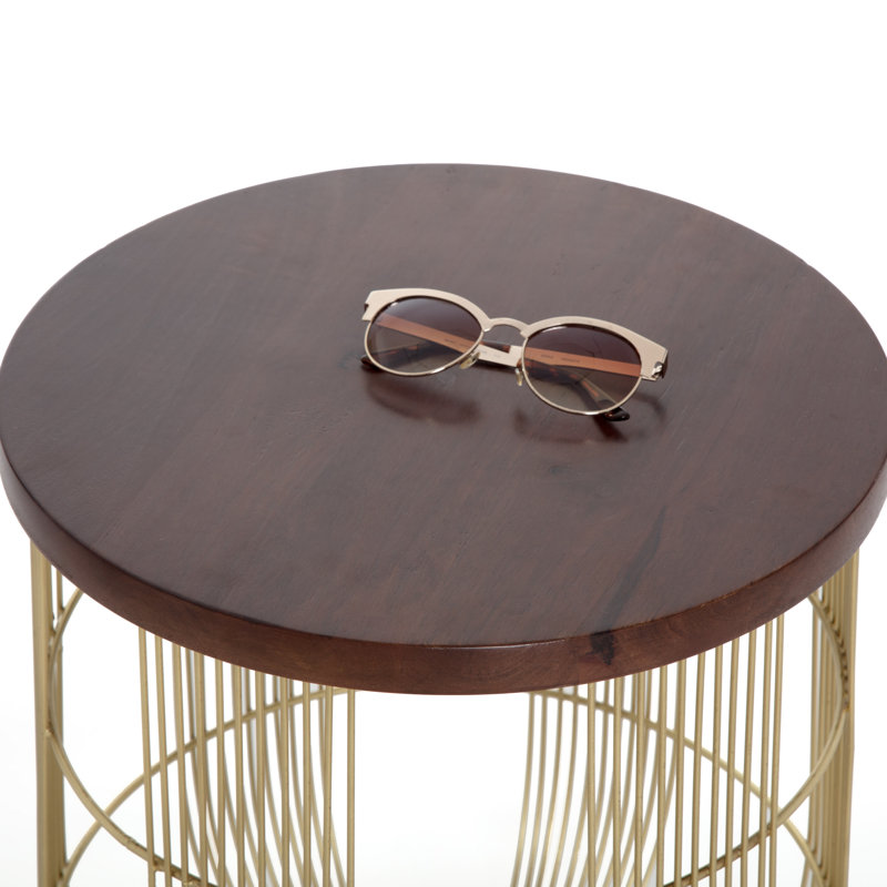 Maxwell Gold Metal Wire Base Round Side Table with Dark Brown Wood Top