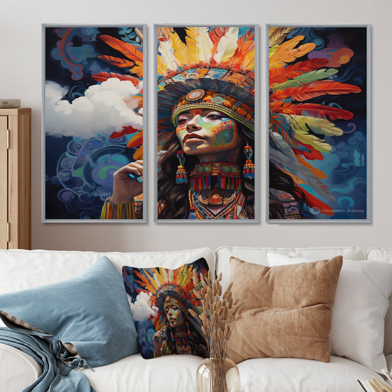 Tribal, beauté, plume, coiffe, rétro, I, amérindienne, ensemble d'art mural, Encadrement argenté, H 40 po x l 60 po x P 1 po