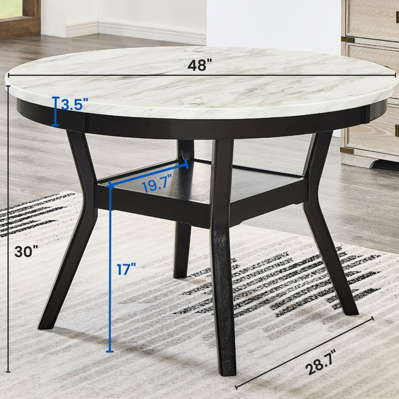 Table de salle à manger avec plateau et tablette en faux marbre de 48 po, finition foncée, ronde, 4 places, table ronde moderne chic, option contemporaine