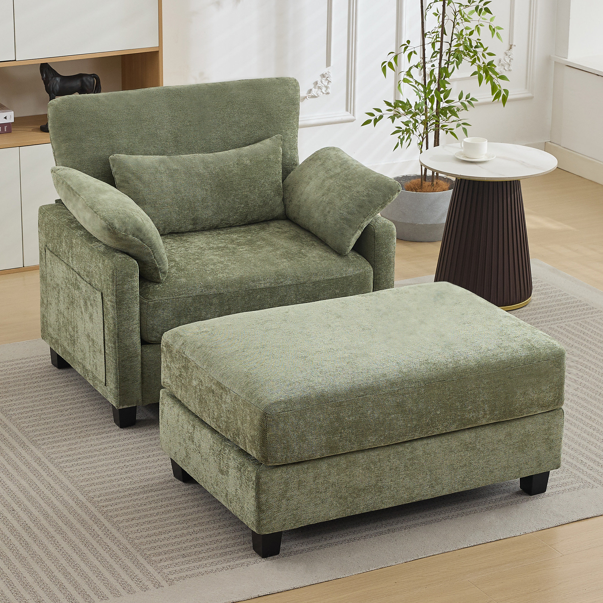 Ebern Designs 37.8" W Upholstered Chenille Armchair with Ottoman ...