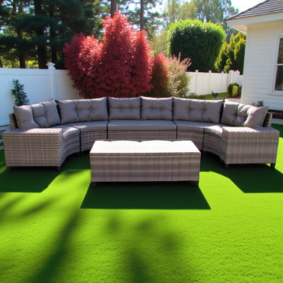 8-pieces Outdoor Wicker Round Sofa Set, Half-moon Sectional Sets All Weather, Curved Sofa Set With Rectangular Coffee Table, Pe Rattan, Movable Cushion, Gray