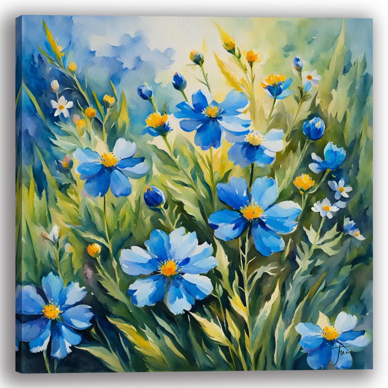 «Vibrant Blue and Yellow Floral», art mural sur toile tendue, H 12 po x l 12 po x P 1 po