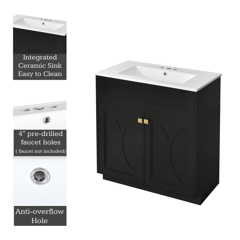 Ensemble de meuble-lavabo autoportant de 60 pouces avec lavabo en céramique, poignées dorées, portes à fermeture en douceur, noir