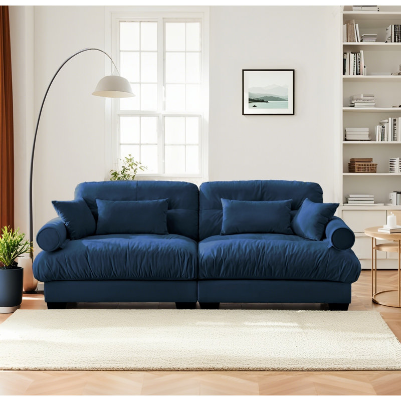 Canapé moderne en velours 2 places avec accoudoirs et coussins renforcés - combinaison flexible, Bleu
