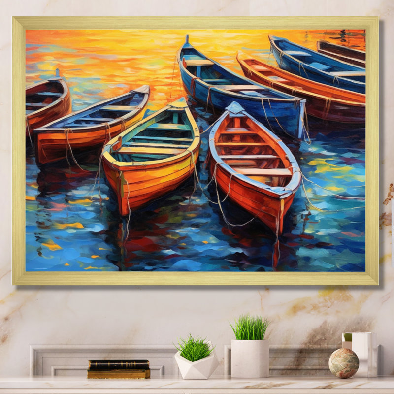 Bateaux dans le port I - art mural grand port côtier, Cadre doré à une seule photo, H 12 po x l 20 po x P 1 po