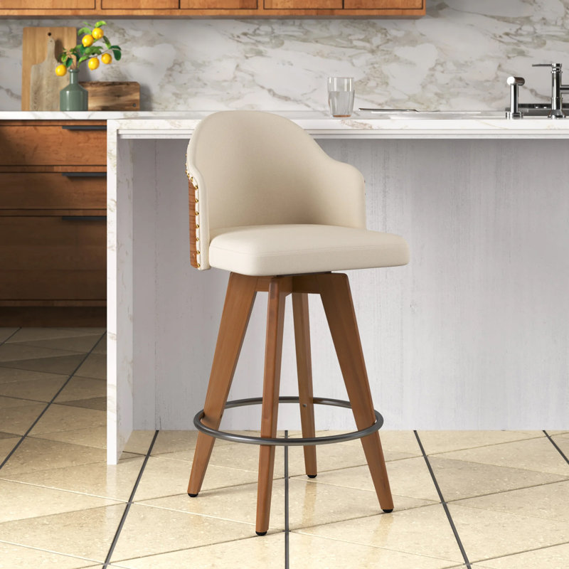 Murrieta Swivel Upholstered Counter Stool with Solid Wood Frame, Cream Faux Leather