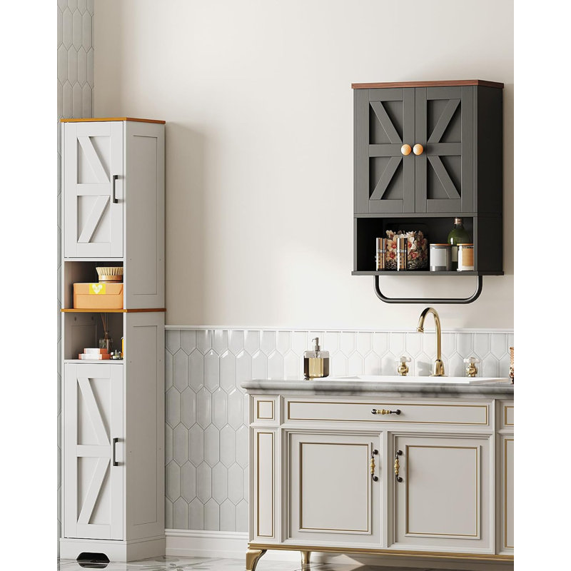 Armoire murale de salle de bain, armoire à pharmacie avec cloison ouverte et barre à serviettes, armoire de rangement rustique avec espace de rangement ouvert et caché, pour salle de bain, salon, cuisine, noir et noyer