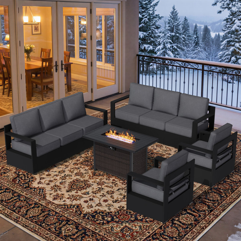 8-Person Aluminum & Iron Outdoor Lounge Set with Plush Cushions and Convertible Fire Pit Table, Black/Brown, Gray