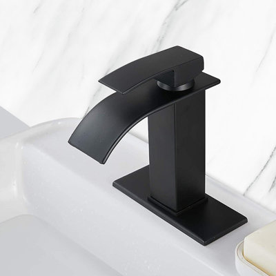 Single Handle Waterfall Bathroom Sink Faucet with Deck Plate in Matte Black