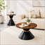 Ensemble de 2 tables basses rondes élégantes, comptoir texturé en noyer avec base en métal stable pour le salon et la chambre à coucher