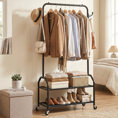 Clothing Rack, Freestanding Garment Organizer with Bottom Shelf and Side Hook, Garment Rack, Portable Cloest Organizer Garment Rack