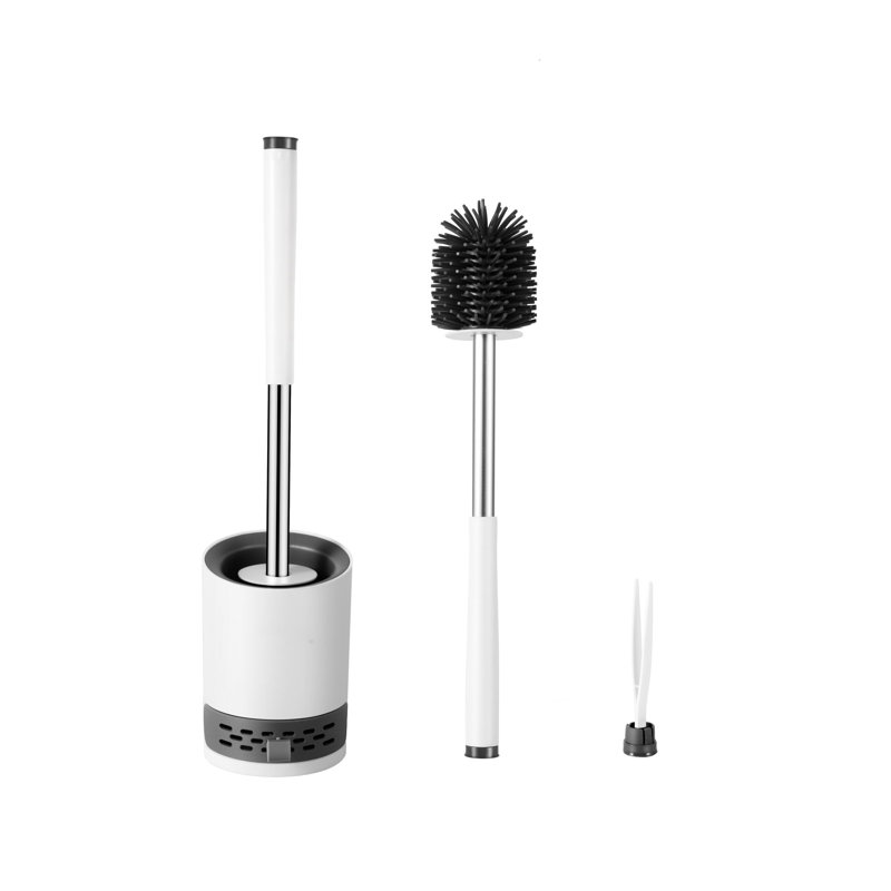 Toilet Brush With Drainage Holder Set,Flex Silicone Anti-Clog Anti-Drip Brush Head, White/Grey Colour With Stainless Steel Handle, 1-Pack With Diatomite Drying Pad