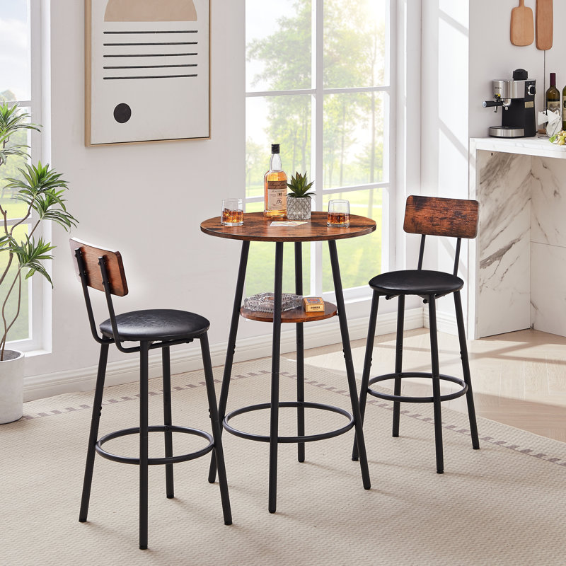 Round bar stool set with shelf, upholstered stool with backrest, Rustic Brown/Black, Rustic Brown
