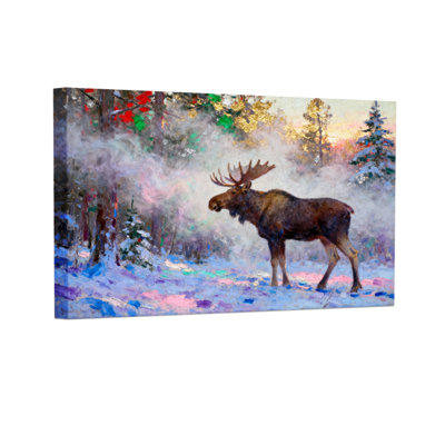 Christmas Winter Moose Forest Snow Landscape Art Print Set of 3 Canvas Wall Art Prints
