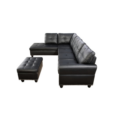 Canapé modulaire en L en similicuir avec coussins rembourrés de mousse, 8 ressorts attachés à la main, accoudoirs arrondis, capitonnage subtil, ressorts attachés avec rangement - noir