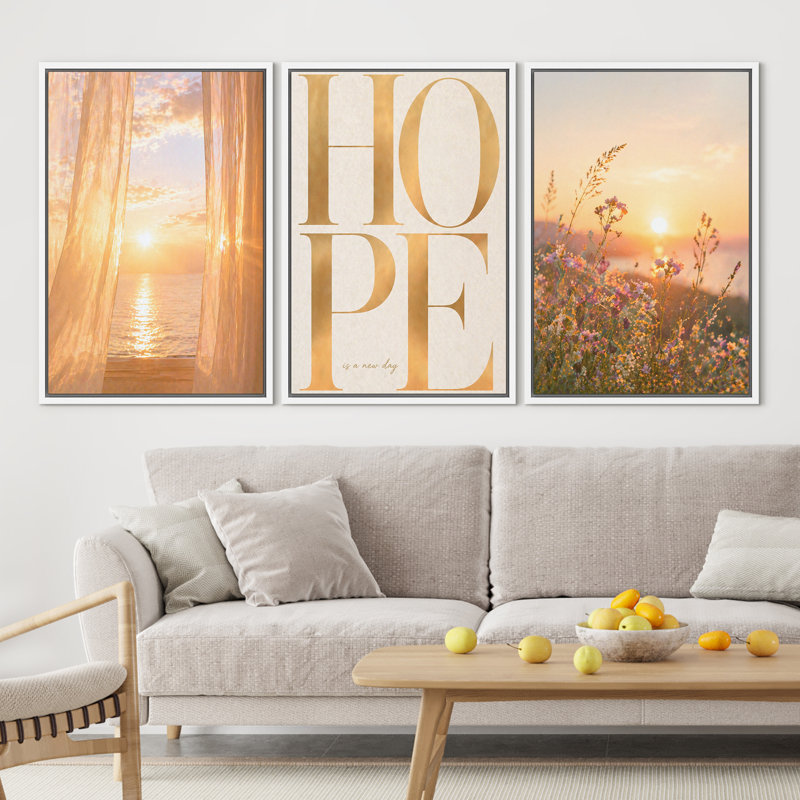 Coucher de soleil sur l'océan avec des fleurs et une inspiration, impression d'art typographique encadrée sur toile, 3 pièces