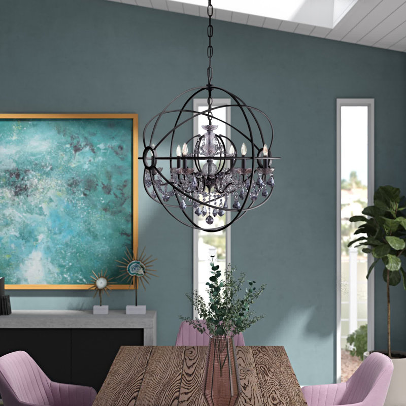 Svante 6 - Light Candle Style Globe Chandelier with Crystal Accents, Silver Shade (Gray), Dark Bronze