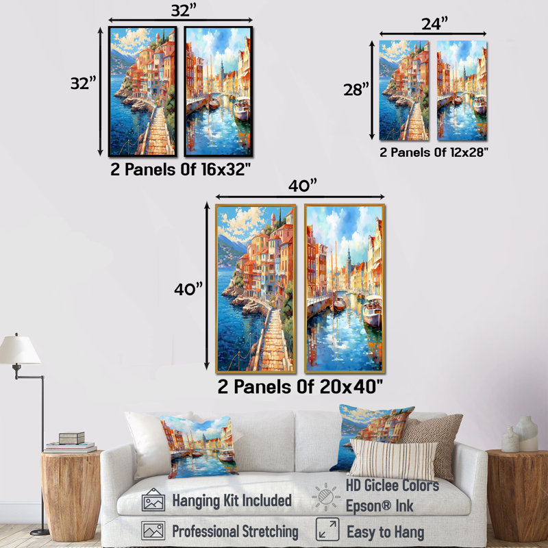«Beautiful Port In Italy», ensemble de 2 reproductions d'art mural Italie, Cadre flottant doré, H 32 po x l 33 po