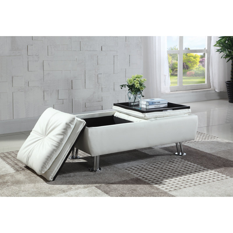 Repose-pieds de rangement rectangulaire touffeté 44,25" Adaya, Simili cuir blanc