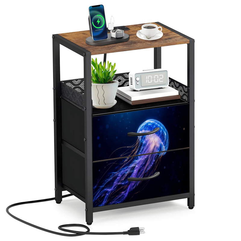 Table de chevet avec 2 tiroirs en tissu et station de charge