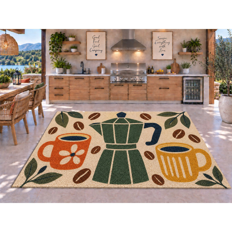 Tapis d'extérieur 5' x 7' à motif tasse à café et grains de café, épais, solide, imperméable, en PVC bouclé, tapis de patio résistant, tapis d'intérieur/extérieur à séchage rapide pour porche, terrasse, balcon, entrée, camping-car.