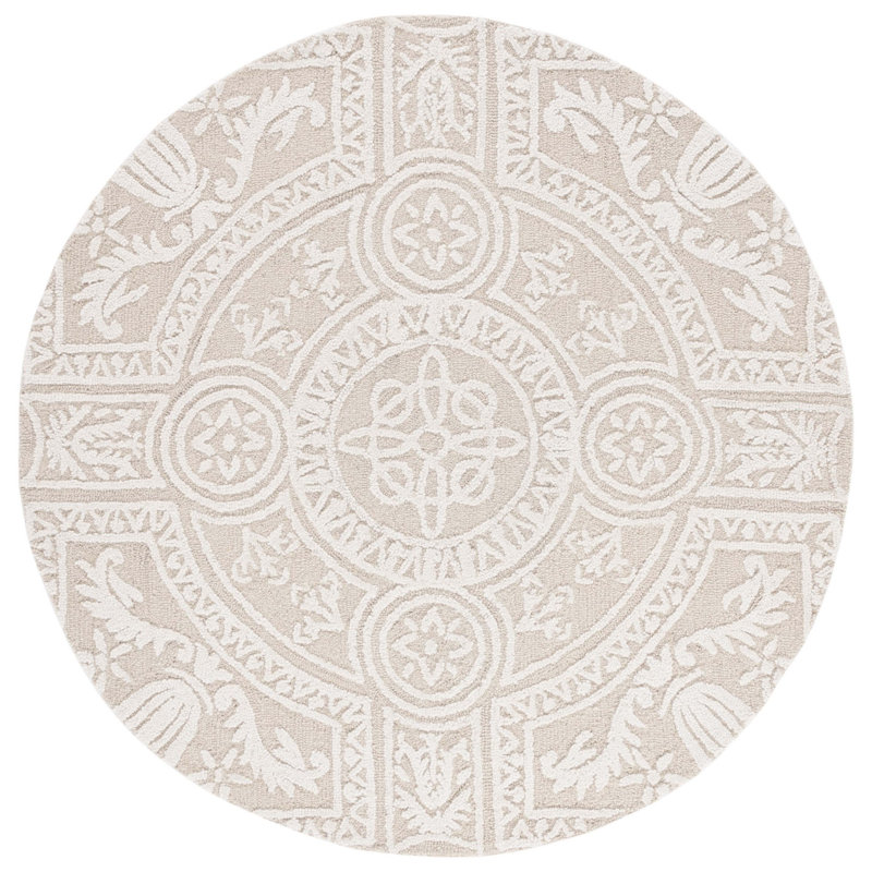 Ferrera Floral Handmade Tufted Wool Light Gray/Ivory Area Rug, Round 6'