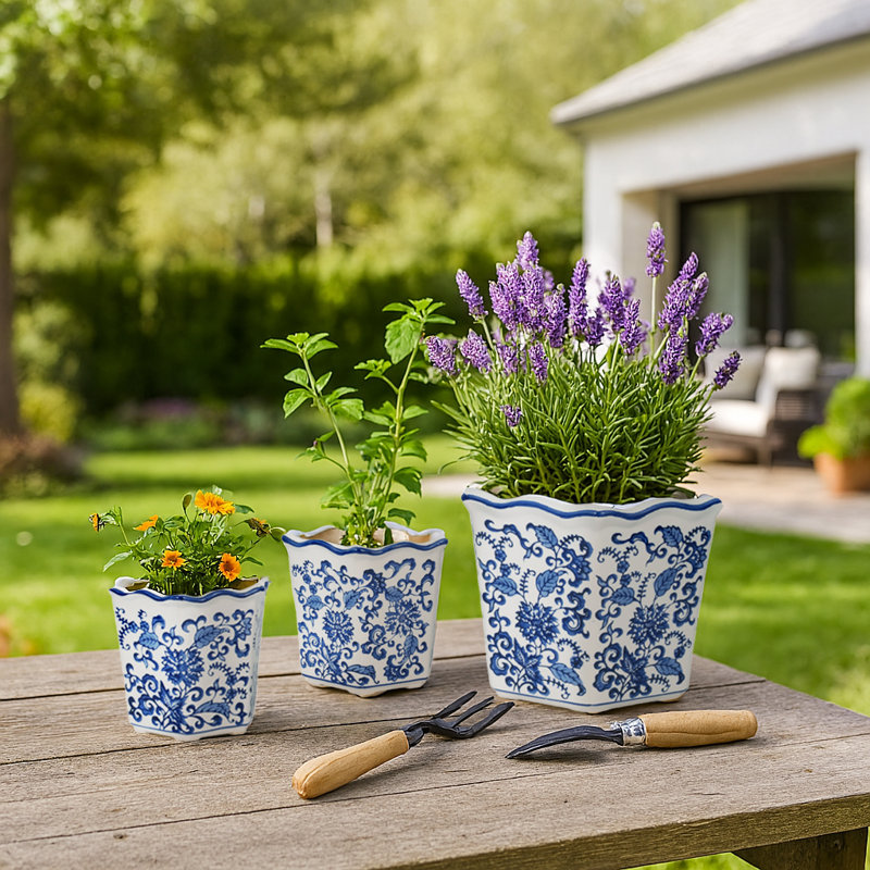 Bethony Decorative Stoneware Ceramic Planter Set with Intricate Detailing Durable Handmade Design Accent Containers for Indoor Outdoor Display Versatile Home Decor Plant Holders Set of 3