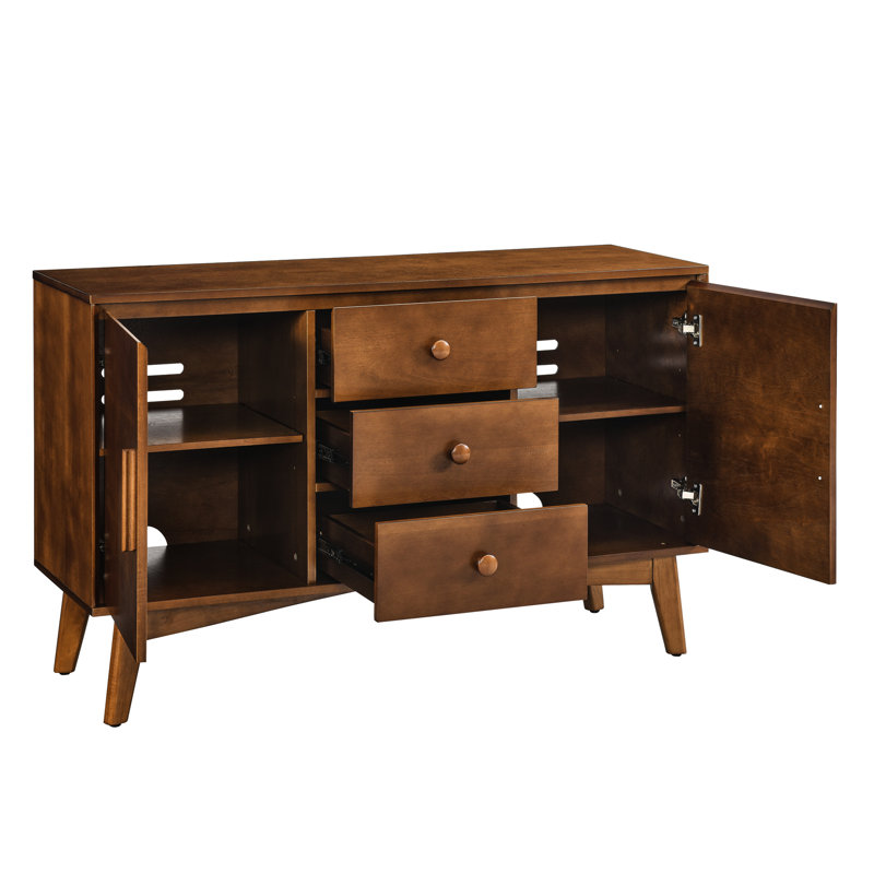 Buffet noyer Mid Century Modern Buffet. Armoire 47,3 po avec 2 portes et 3 tiroirs pour une utilisation quotidienne. Console décorative. Aspect. Fabrication robuste. Rangement suffisant. Décoration différente et polyvalente.