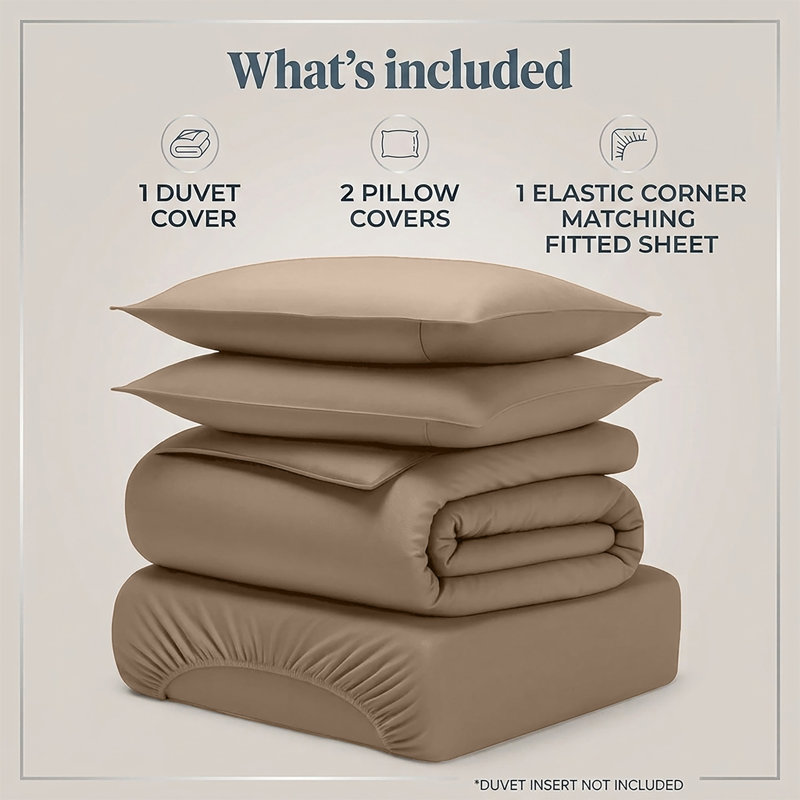 4-Piece Microfiber Duvet Cover Set – Pillowcases & Fitted Sheet, Single Duvet Cover  + 3 Additional Pieces, Beige