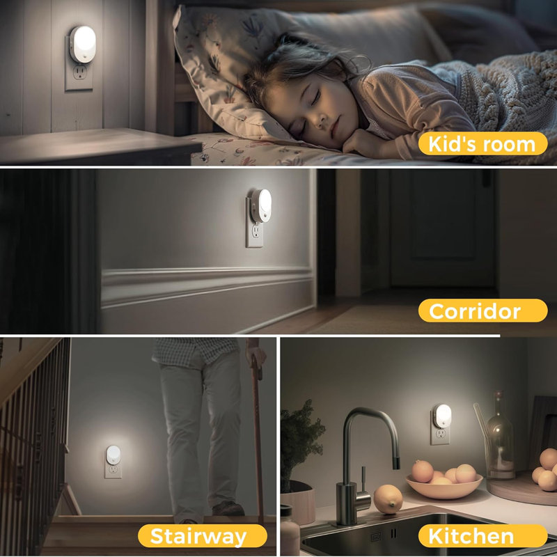 Crushed Acrylic Round Black Plug-In Night Light With Light Sensor, 3000K Warm White, Sliding Dimmer