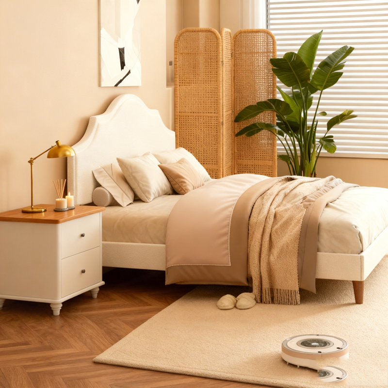 Lit plateforme tapissier avec tête de lit réglable, rembourrage en tissu de lin, Blanc, Très grand lit