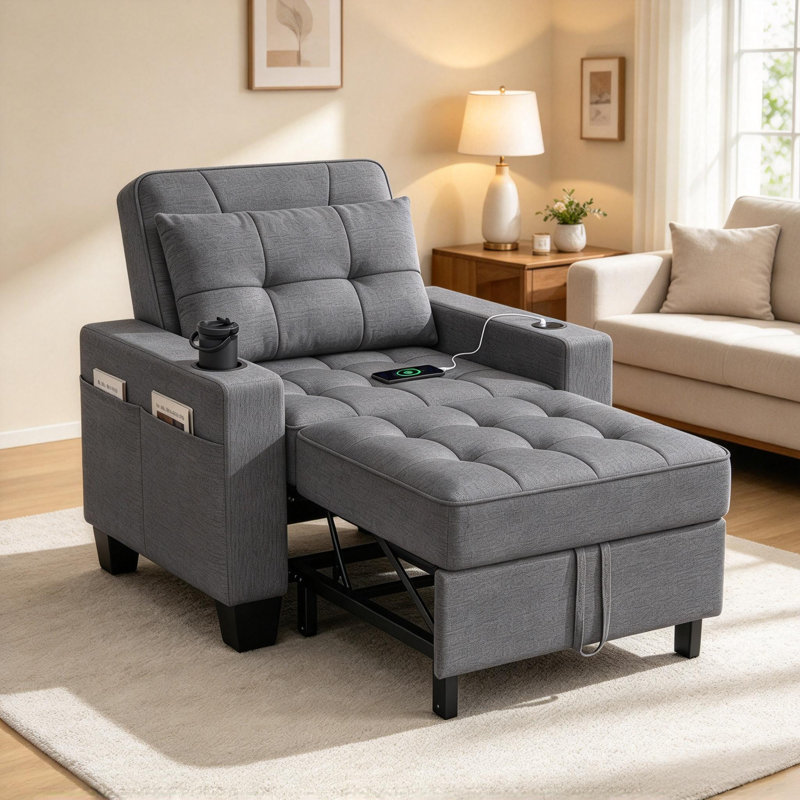 Latitude Run 36.6" Wide Convertible Chair 3-In-1 Pull Out Sleeper Futon Chair Beds with USB, Dark Gray Linen