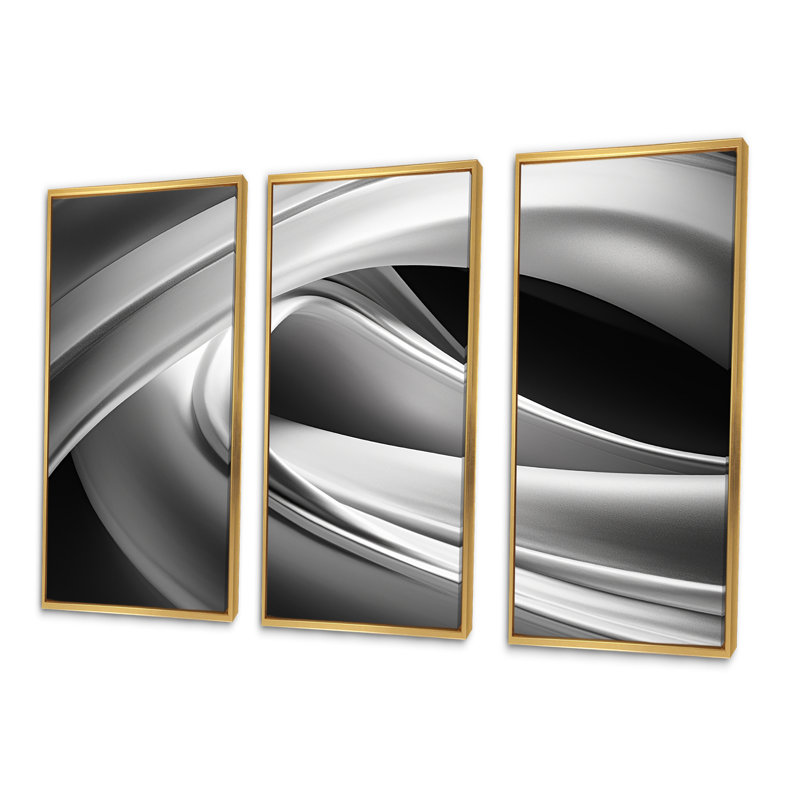 «Silver Speed I», ensemble d'art mural fractal, Cadre flottant doré, H 32 po x l 48 po x P 1 po