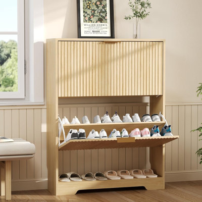 Armoire à chaussures avec 2 tiroirs rabattables, étagère à chaussures mince cannelée avec rangement ouvert
