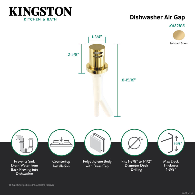 Kingston Brass Trimscape Dishwasher Air Gap, Polished Brass