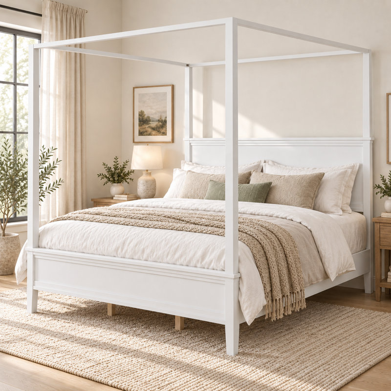 Lit plateforme Postelune King en bois avec baldaquin et tête de lit, style rustique campagnard, pieds fuselés d'inspiration milieu du siècle, dégagement de rangement de 21 cm et capacité de charge de 363 kg