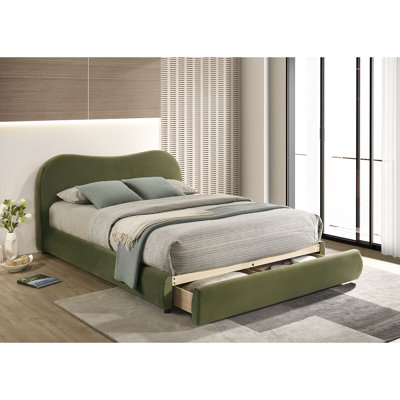 Lit tapissier oriental très grand en velours olive, tête de lit courbée, rangement, lit contemporain avec velours, espace, structure en bois d'ingénierie