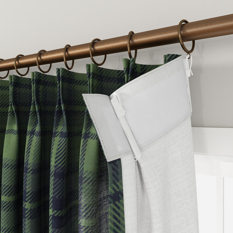 TWOPAGES Unlined Plaid Curtain Gingham Faux Linen Pinch Pleat Curtain, 26" W x 84" L, Evergreen