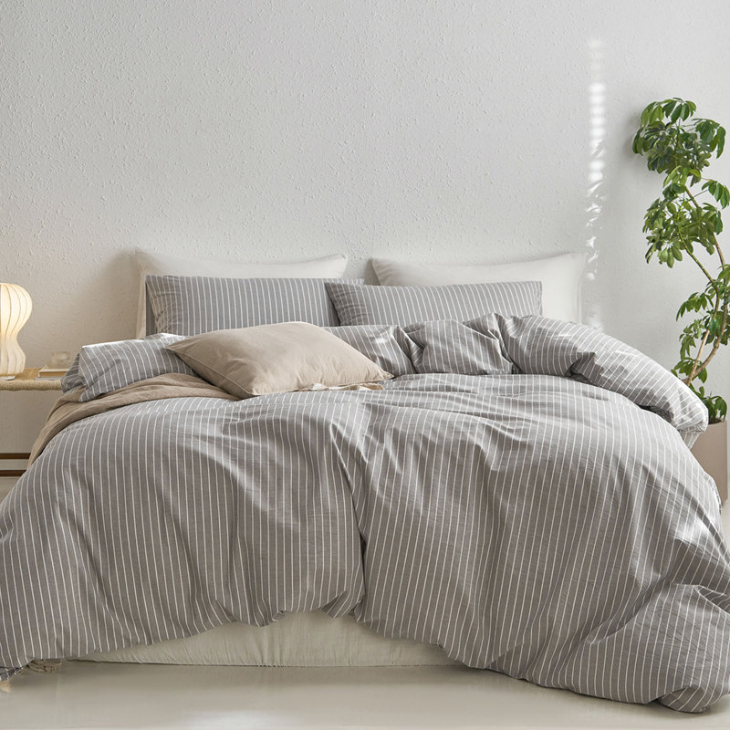 MooMee Striped Duvet Cover Set 100% Washed Cotton Linen Like Textured, King Duvet Cover + 2 King Pillowcases