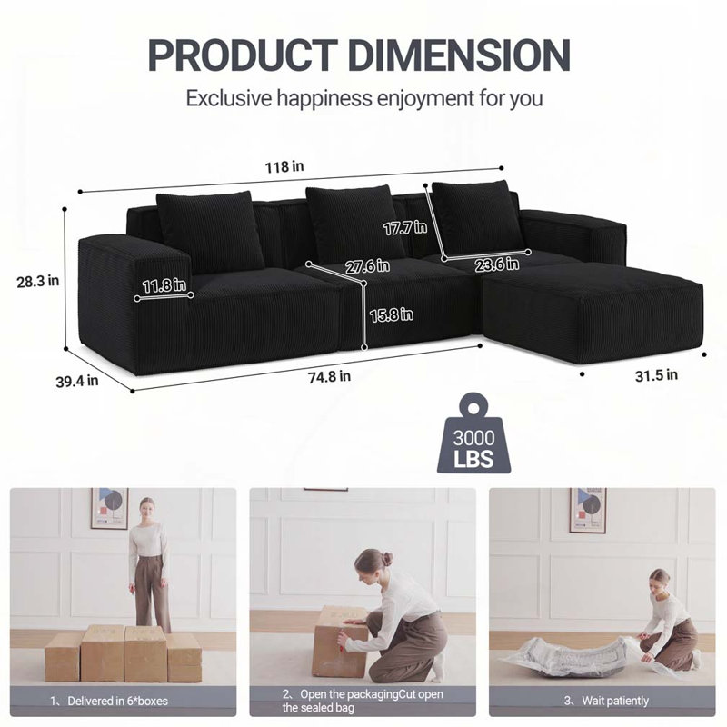 Canapé convertible 3 places, H 28,39 po x l 118 po x P 39,4 po, 3, Noir
