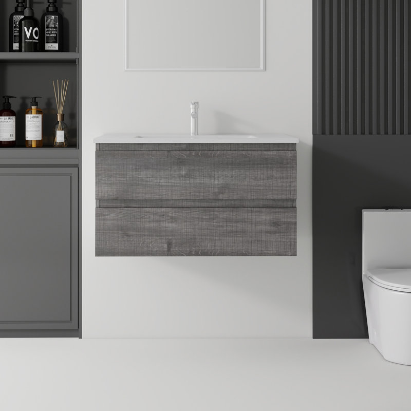 Meuble-lavabo flottant 36 po avec lavabo, porte à fermeture en douceur, lavabo en céramique, contreplaqué 36 po, Grey