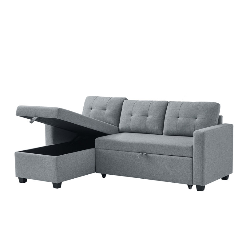 Modern Upholstered Pull Out Sectional Sofa with Storage Chaise, Light Gray Linen