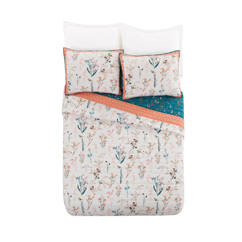 English Garden Pink Floral Reversible Cotton King Quilt Set