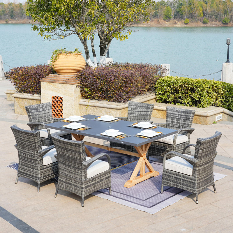 6 - Person Wicker Patio Dining Set with Rectangular Table , Cushions Included