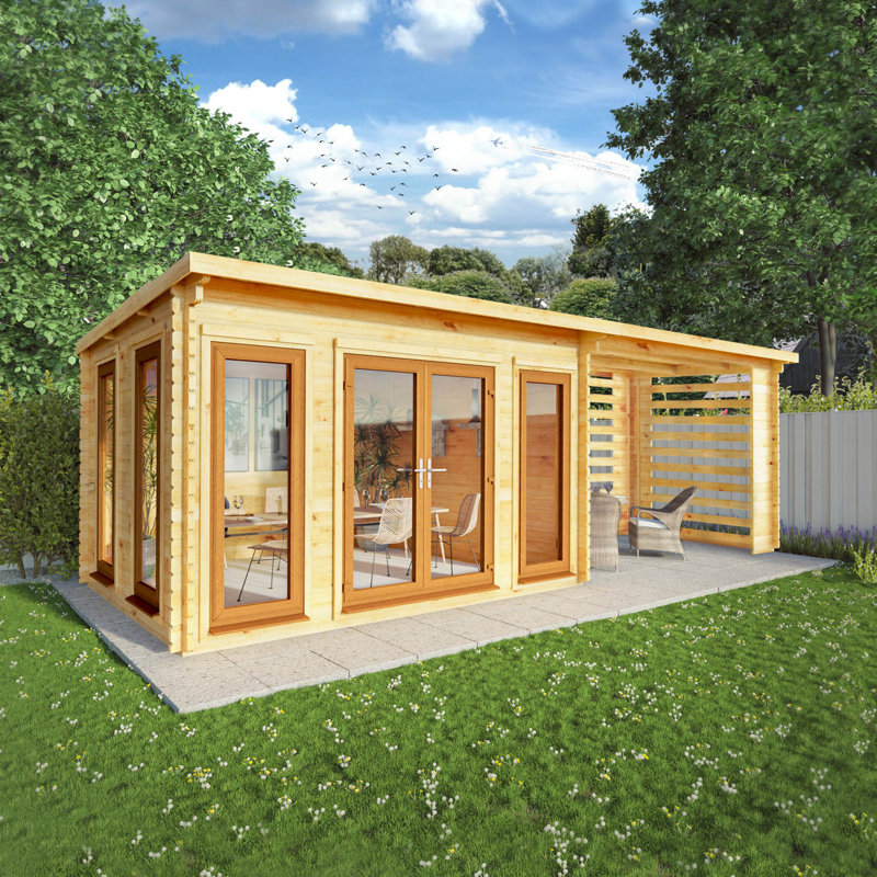 23ft x 10ft Studio Pent Log Cabin With Slatted Area With UPVC Windows & Doors (44mm), Oak/Natural Timber