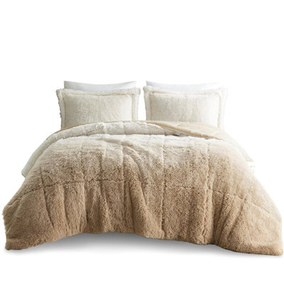 Natural Ombre Shaggy Fur Comforter For Bed - , Filling, Warm Faux Mink Reverse & 2 Shams Long Mini With