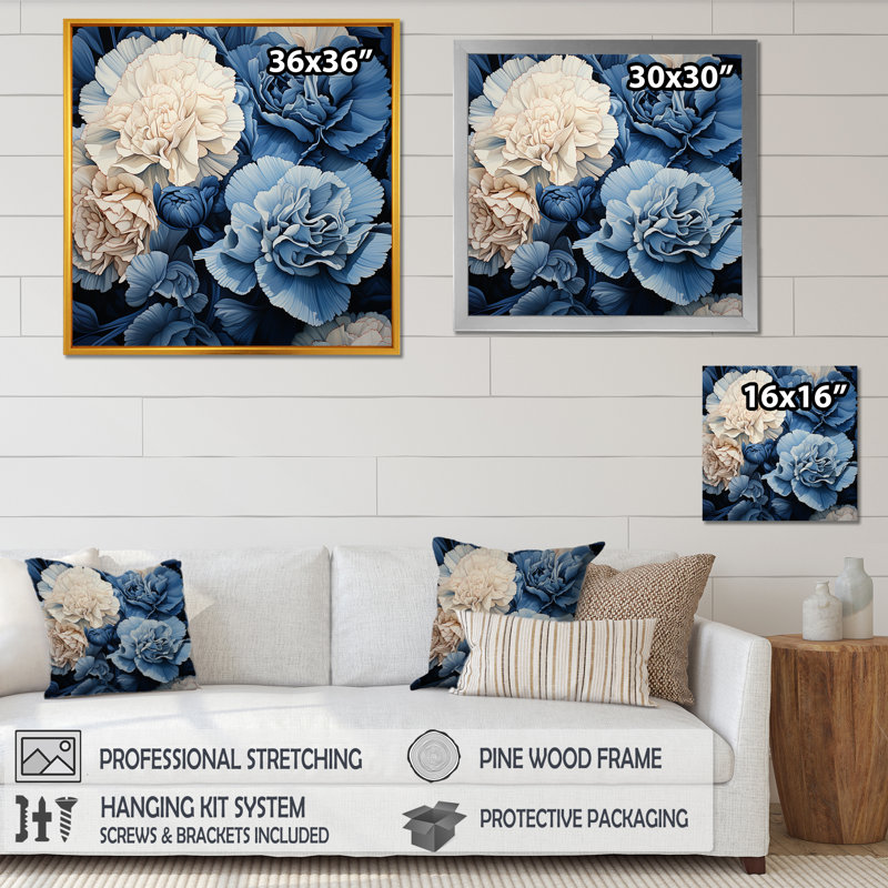 Arrangement mural œillets blancs et bleus VI - œillets, Cadre flottant noir, H 36 po x l 36 po x P 1,5 po
