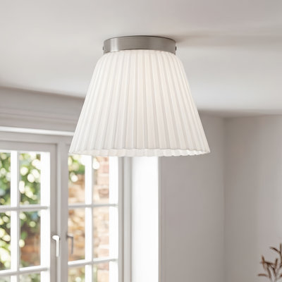 10" 1-Light Modern Brushed Nickel Flush Mount With White Ribbed Glass Drum Shade For Hallways/ Stairwells /Dining Rooms