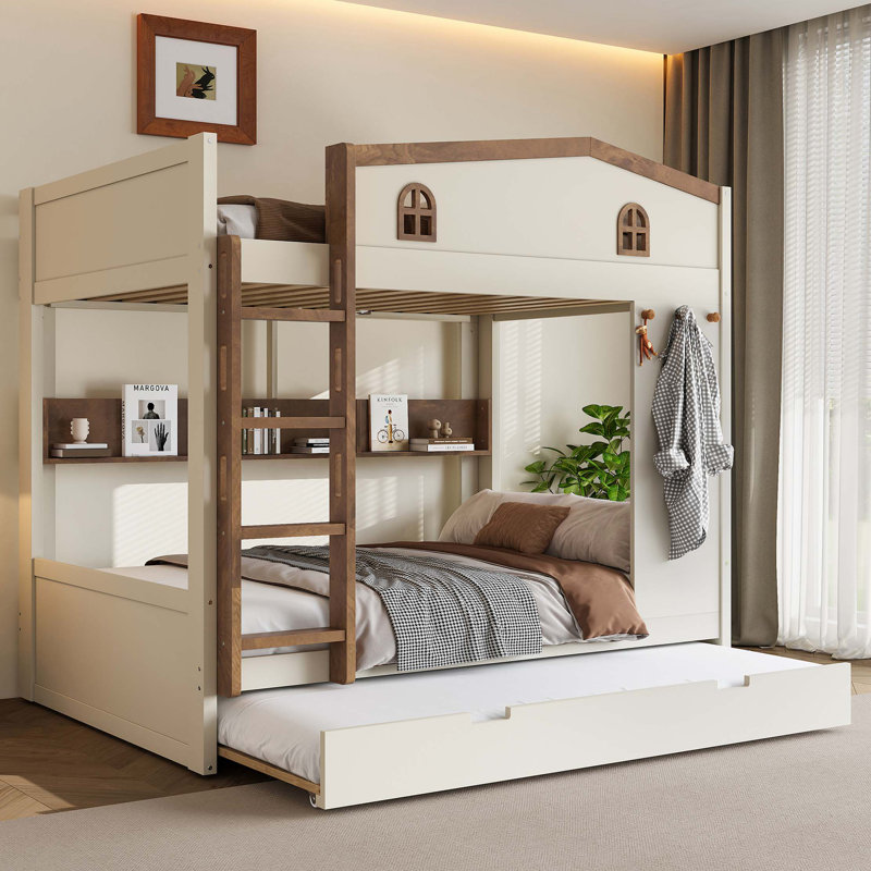 Lit superposé double au-dessus de double avec lit gigogne et tablettes de rangement, lits superposés en bois massif avec crochets, aucun sommier nécessaire et naturel