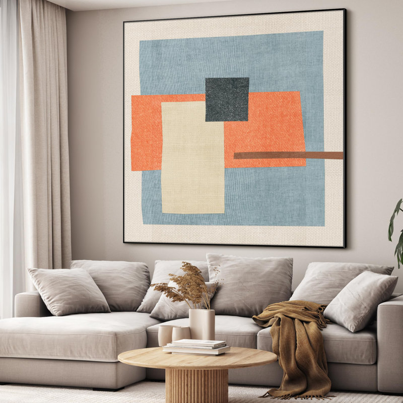 Motif de blocs de couleurs avec décorations murales très larges encadrées orange, bleu et crème (assemblage requis)